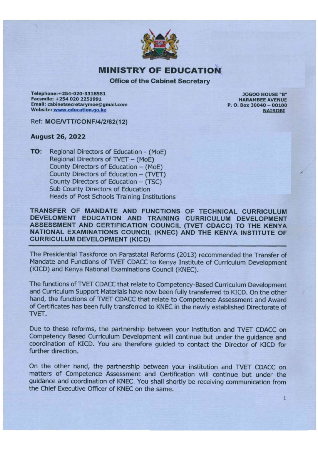 FUNTIONS OF TVET-CDACC TRANSFERRED TO KNEC AND KICD – easytvet.co.ke